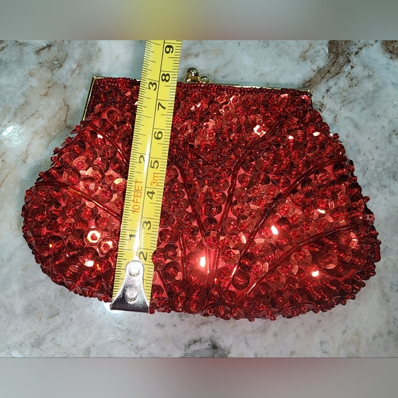 Macy's Red Gold Sequin Evening Clutch Purse Handmade Vintage - Picture 9 of 10
